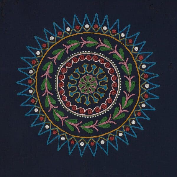 Colorful image of an Anishinaabe Dance Blanket with intricate floral patterns