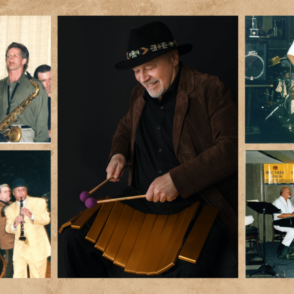 Jim Cooper on vibes with other players from Lakeshore Jazz Connection in a grid.